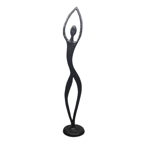 Tall black aluminium figurine with arms upwards, symbolizing positivity and elegance for modern home decor.