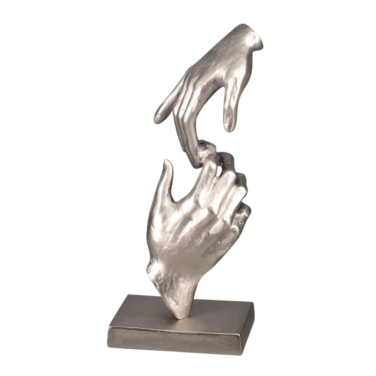 Elegant silver aluminium hands sculpture on a sleek black base, adding sophistication to modern home decor.