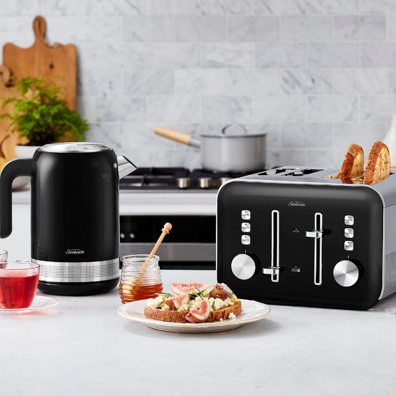 Elegant black 4-slice toaster with electronic browning, defrost, and high lift lever for perfect toasting every time.