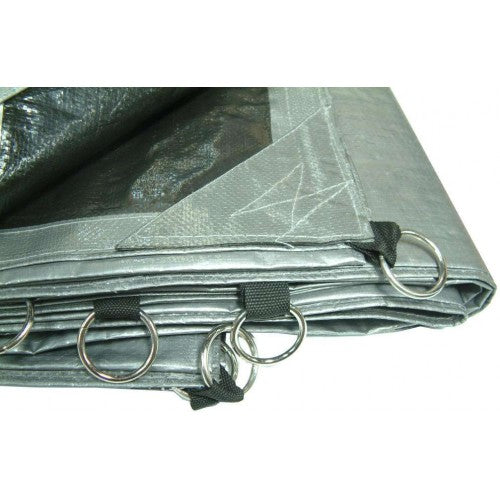 Heavy-duty silver tarpaulin 2.4m x 3m with O-ring eyelets, reinforced corners, ideal for construction and outdoor use.