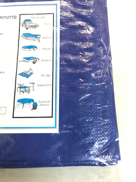 Waterproof blue polyethylene tarp, 2.4x3 meters, ideal for outdoor protection against rain, snow, and UV damage.