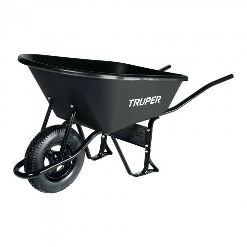 Heavy-duty Truper HD Poly Tray Wheelbarrow with 120L capacity, robust frame, and 3-blade pneumatic tyre for easy maneuvering.