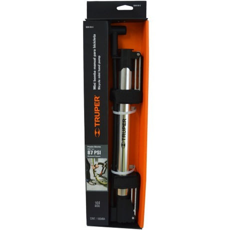 Lightweight aluminium bike tyre pump with reversible adapter, inflates to 87 PSI, ideal for road and mountain bikes.