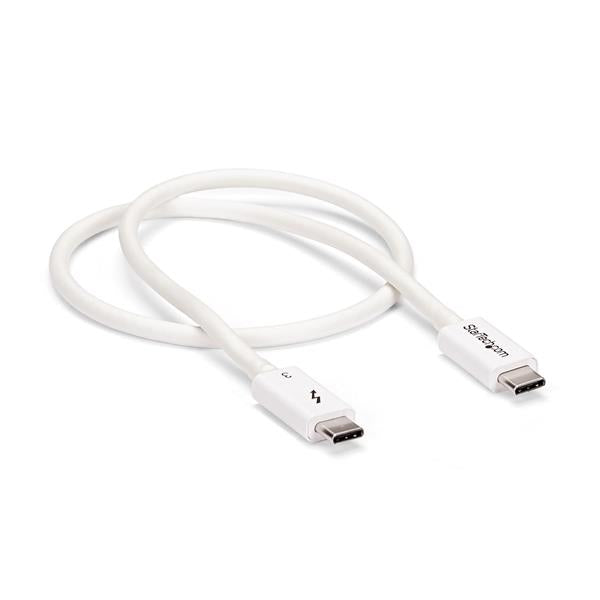 0.5m white Thunderbolt 3 cable enabling 40Gbps data transfer, supporting 5K video, and providing up to 100W power delivery.