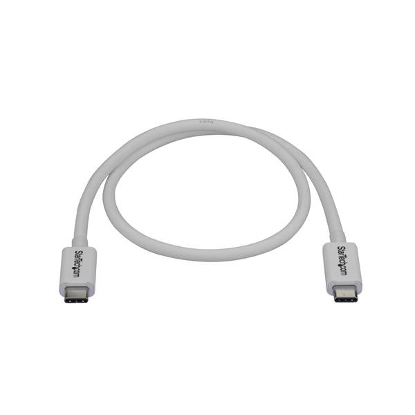 0.5m Thunderbolt 3 cable in white, supporting 40Gbps data transfer, 5K video, and 100W power delivery for versatile connectivity.