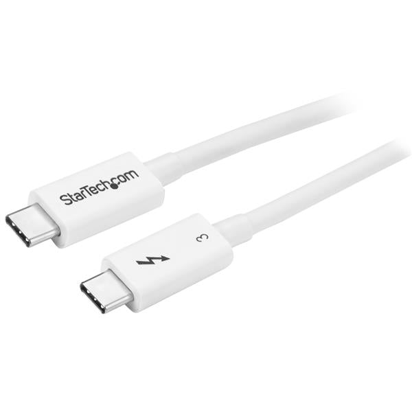 0.5m white Thunderbolt 3 cable supports 40Gbps data transfer, 5K video output, and 100W power delivery for versatile connectivity.