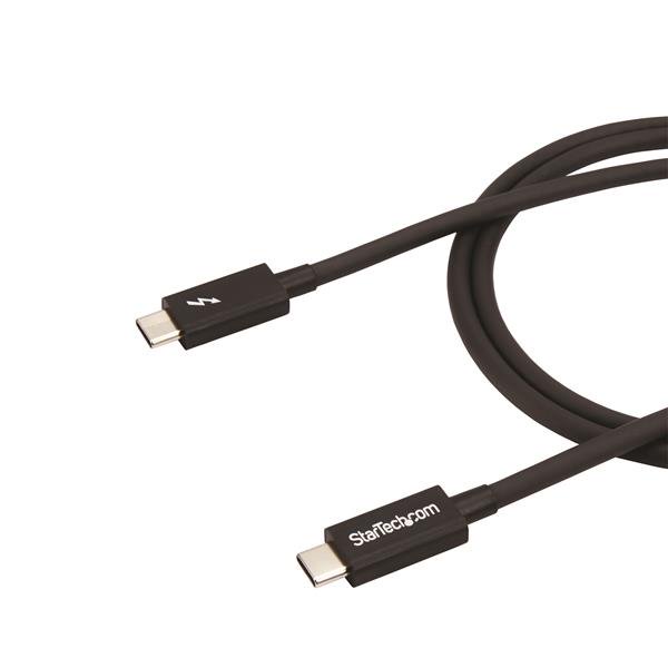 Black 1m Thunderbolt 3 USB-C cable for 20Gbps data transfer, 4K video, power delivery, and networking capabilities.