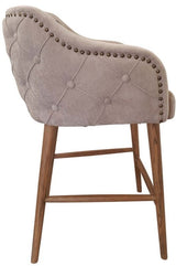 Luxurious chenille linen barstool with buttoned back and solid oak legs, ideal for modern or traditional dining spaces.