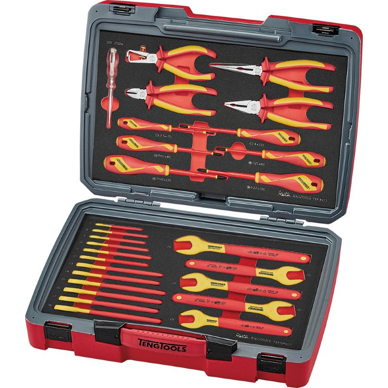 Teng 29pc Electrician Tool Kit with insulated tools, foam organization, and safety approval for live work up to 1000 volts.