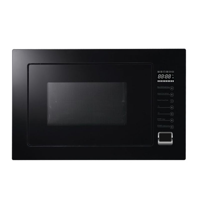 Sleek black glass convection microwave with 25L capacity, grill function, touch control, and child safety lock for modern kitchens.