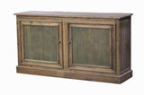 Elegant sideboard with rustic chicken wire doors, made from 50-year-old pine, ideal for country chic decor.