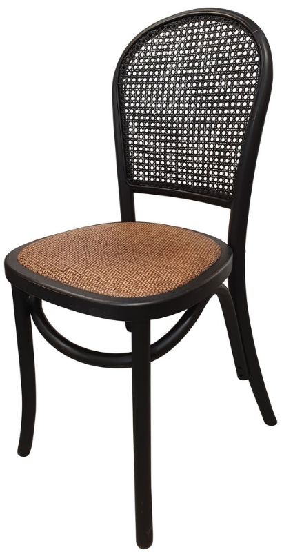 Elegant black dining chair made from Chinese oak with rattan backing, perfect for stylish and comfortable dining experiences.