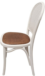 Elegant white Chinese oak dining chair with rattan back, perfect for stylish and comfortable dining experiences.