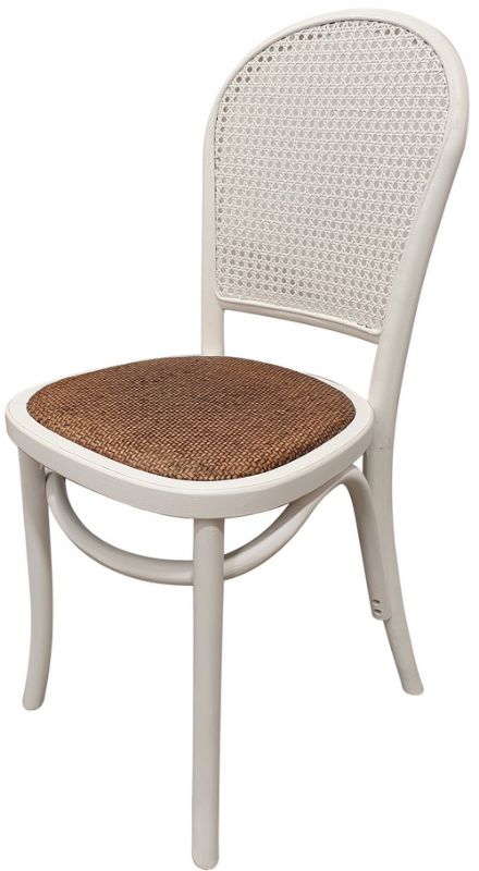 Elegant white Chinese oak dining chair with rattan back, perfect for any decor and designed for comfort and durability.