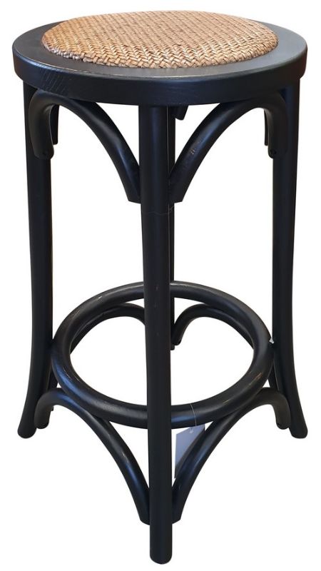 Elegant black elm wood barstool with rattan seat, perfect for versatile dining in various styles and built for lasting comfort.