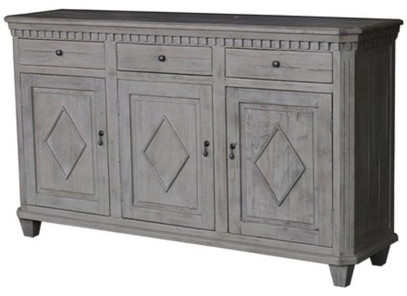 Anika Sideboard in distressed grey old pine, featuring three drawers and cupboards, perfect for vintage-inspired decor.