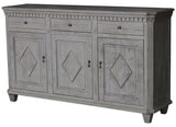 Anika Sideboard in distressed grey old pine, featuring three drawers and cupboards, perfect for vintage-inspired decor.