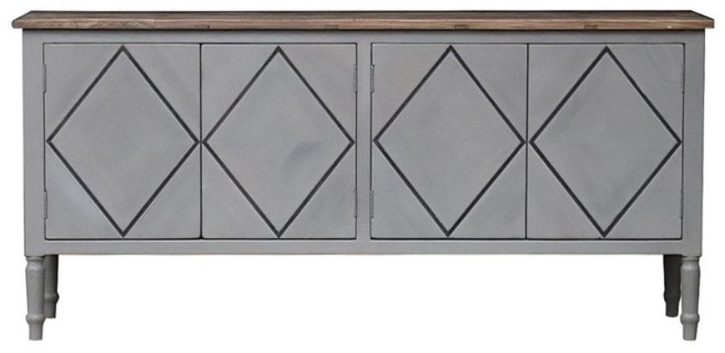 Elegant grey buffet with old elm top and diamond inlaid doors, offering ample storage and a classic contemporary style.