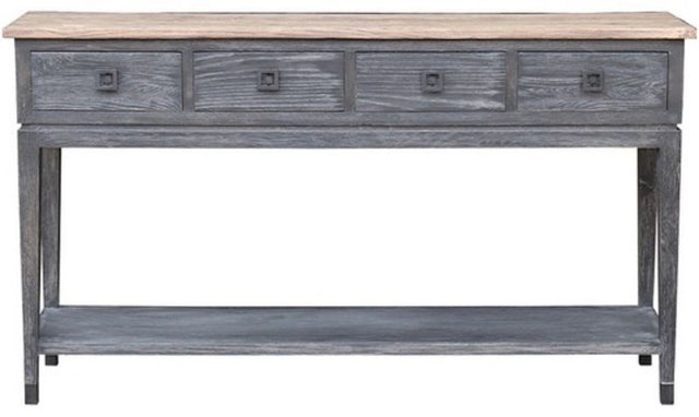 Elegant oak console with 4 drawers and a shelf, showcasing a beautiful light and dark oak design, perfect for vintage decor.