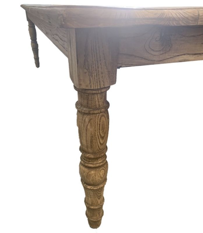 3m reclaimed elm dining table with rustic wood grain, elegantly carved legs, seats up to 8, perfect for family gatherings.