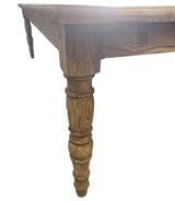 3m reclaimed elm dining table with rustic wood grain, elegantly carved legs, seats up to 8, perfect for family gatherings.