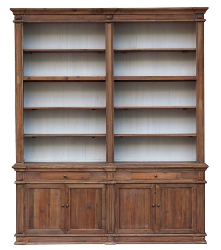 Rustic library cabinet made of reclaimed old pine with cream backing, featuring spacious storage and stylish design.