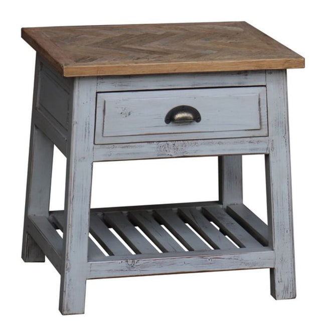 Stylish grey side table with natural oak parquet top, perfect for modern and rustic decor in any living space.