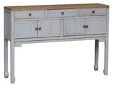 Stylish grey console with natural oak top, featuring 3 drawers and 4 doors for storage; perfect for hallways or living areas.