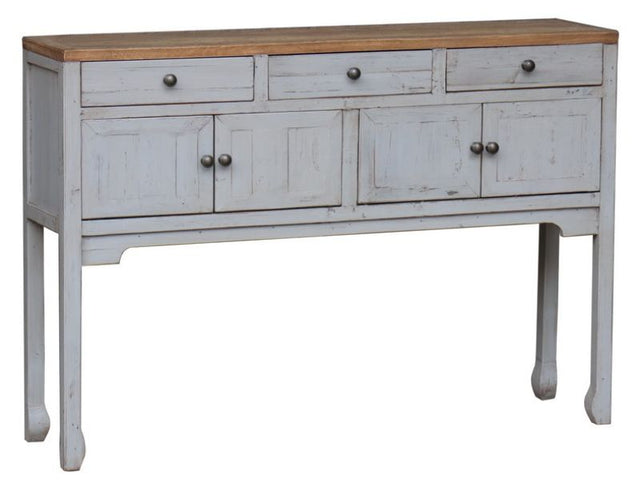 Stylish grey console with natural oak top, featuring 3 drawers and 4 doors for storage; perfect for hallways or living areas.