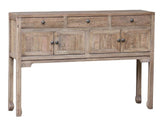 Reclaimed oak console with three drawers, four doors, and natural finish, perfect for rustic storage and display.