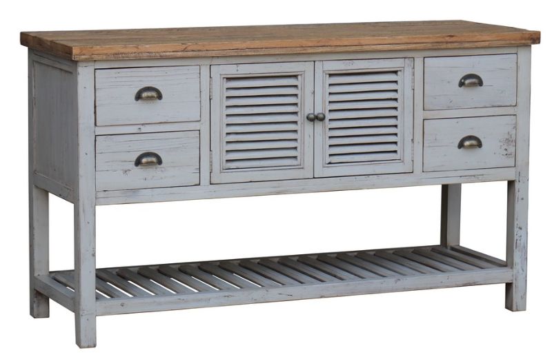 Buffet-Gret in distressed grey with oak top, featuring 4 drawers, 2 doors, and rustic slatted details for stylish storage.