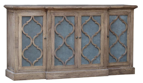 Sideboard made from reclaimed elm with zinc door panels, offering ample storage and rustic elegance for any living space.