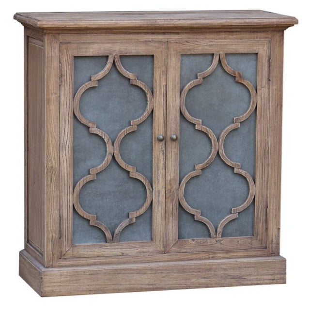 Reclaimed elm console with zinc door panels, featuring rustic charm and ample storage for a stylish home.