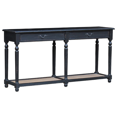 Elegant black and rattan double console table in vintage style, featuring old pine wood, metal handles, and ample storage space.