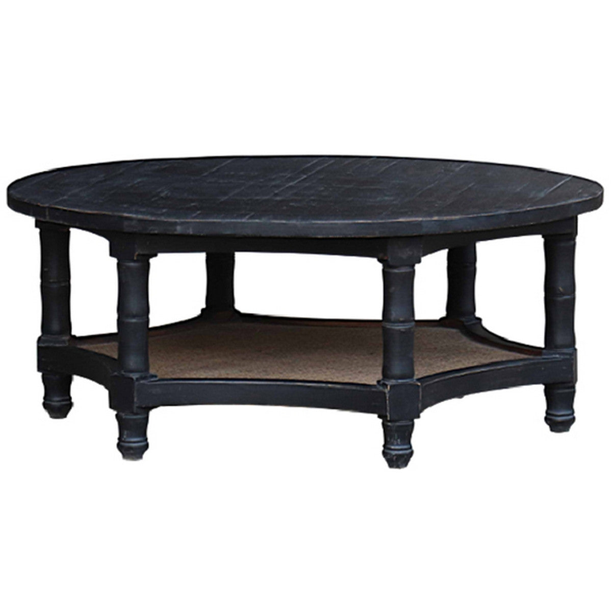 Stylish black coffee table with rattan bottom shelf, blending rustic charm and modern elegance, perfect for any living space.