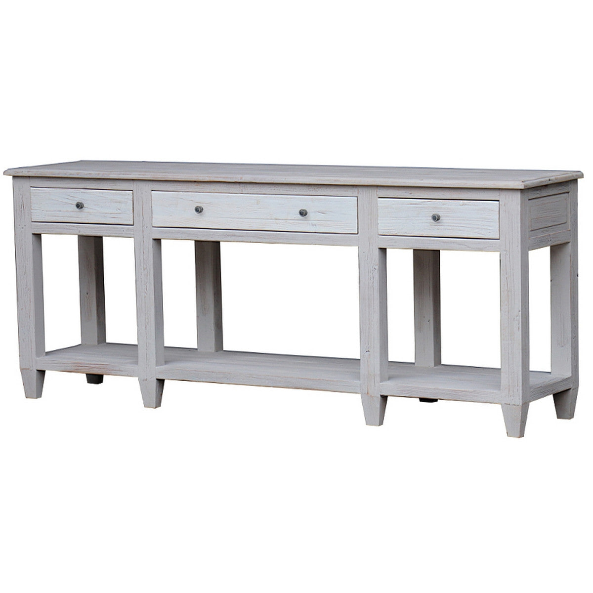 Elegant sand/antique white console table with 3 drawers, crafted from old pine, perfect for stylish storage in any room.