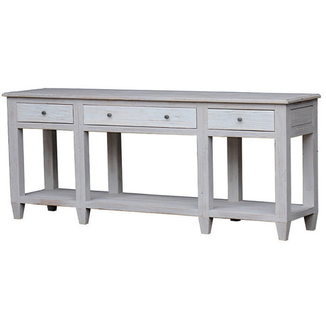 Elegant sand/antique white console table with 3 drawers, crafted from old pine, perfect for stylish storage in any room.