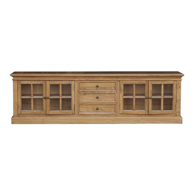 Stylish oak TV unit with 4 doors and 3 drawers, perfect for storage and enhancing living room decor.