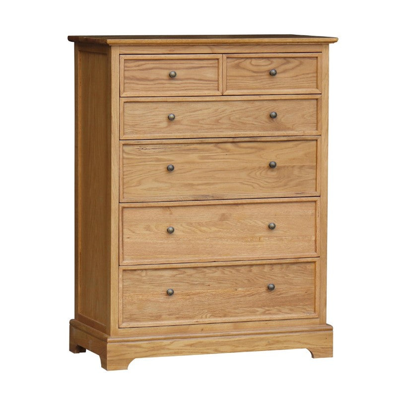 Tall oak chest with six drawers, natural finish, sleek metal handles, ideal for stylish and functional bedroom storage.