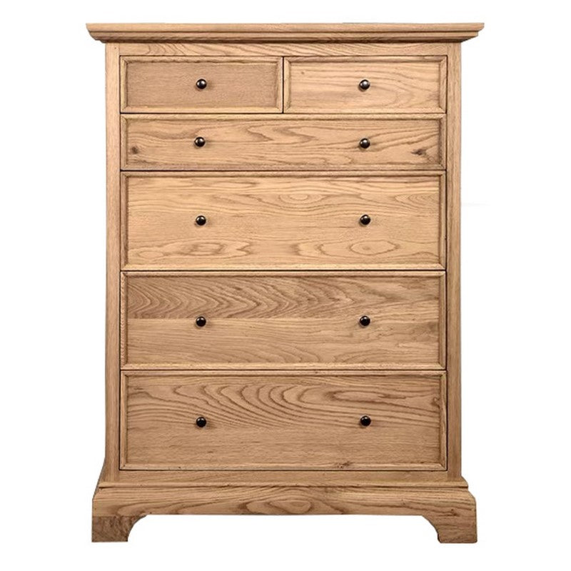 Tall oak chest with 6 drawers, natural finish, sleek metal handles, perfect for stylish storage in modern bedrooms.