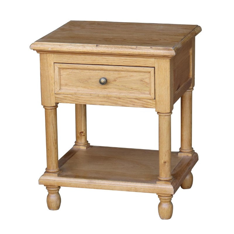 Elegant oak side table (60cm x 50cm) with metal handles, perfect for storage and enhancing any room's decor.