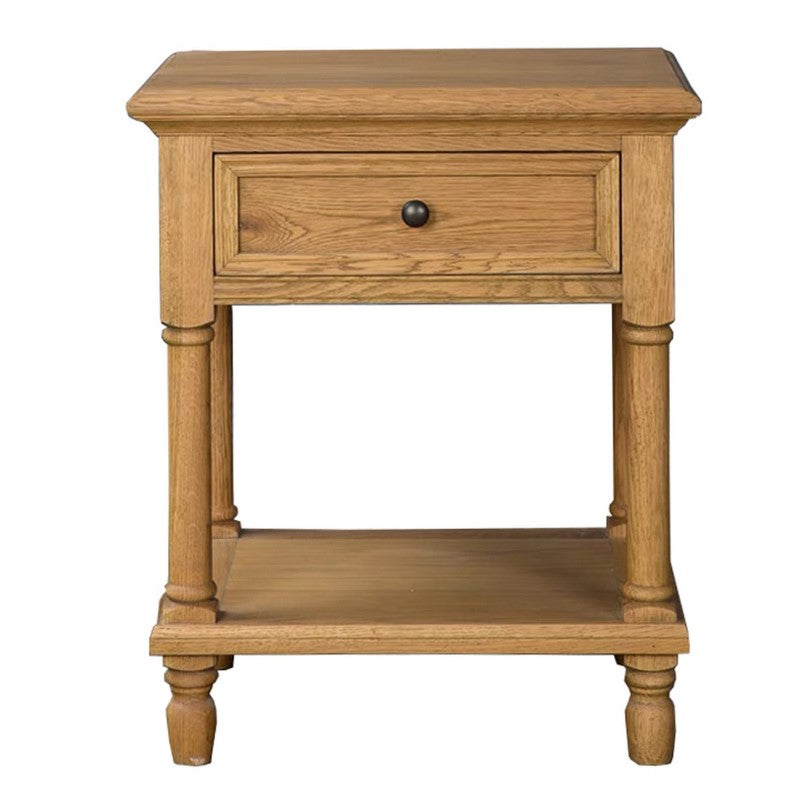 Natural oak side table (60cm x 50cm) with metal handles, perfect for storage in modern or traditional interiors.