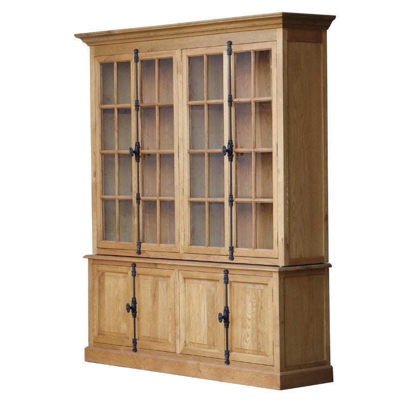 Stylish oak double-section cabinet offering ample storage for home or office, featuring natural wood finish and sleek metal handles.