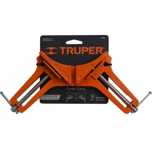 Truper Aluminium Corner Cramp with 75mm capacity, designed for precise 90° joints in woodworking and frame assembly.