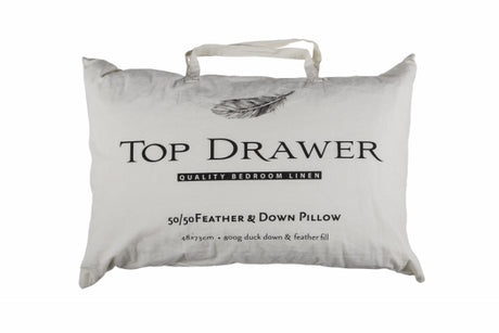 Luxurious 50/50 down and feather pillow, 800g, 48x73cm, breathable cotton cover, certified for quality and safety.