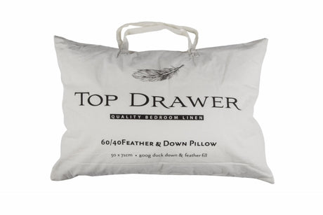 Top Drawer Feather Down Pillow with 60/40 feather/down blend, 50x71cm, down-resistant cover for comfort and support.