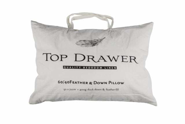 Top Drawer Feather Down Pillow with 60/40 feather/down blend, 50x71cm, down-resistant cover for comfort and support.