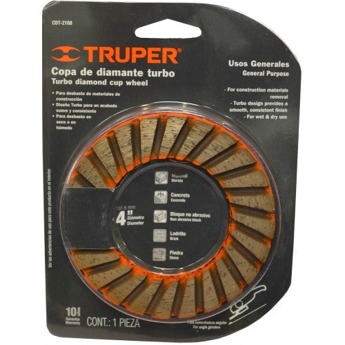 Diamond Cup Wheel Truper 102 X 22mm for efficient grinding of marble and concrete, featuring 24 segments and 14,500rpm speed.