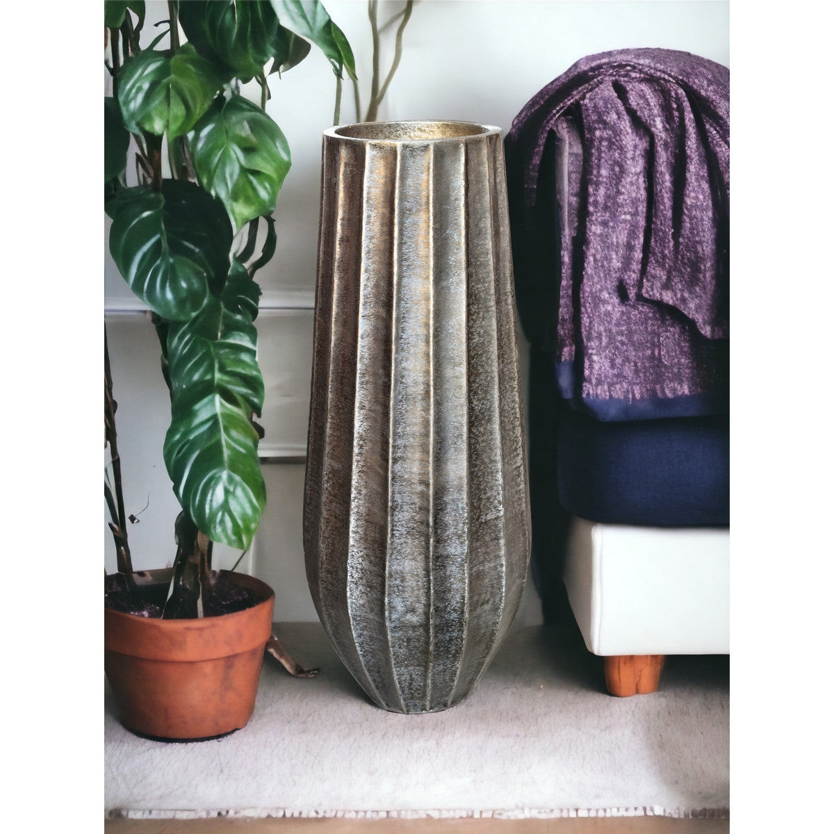 Stunning 86cm Brush Antique Brass vase made from durable aluminium, blending modern artistry with vintage elegance.