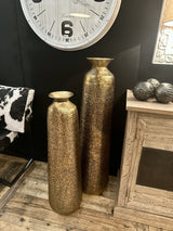 Tall antique gold aluminum vase, 114cm, exuding elegance and vintage charm, perfect for flowers or as a statement decor piece.